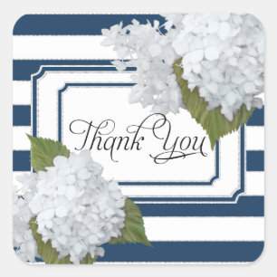 White Hydrangea Floral Nautical Navy Blue Striped Square Sticker