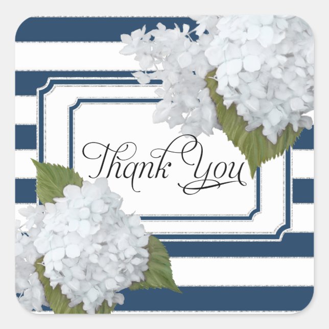 White Hydrangea Floral Nautical Navy Blue Striped Square Sticker (Front)
