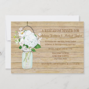 White Hydrangea Floral Rustic Mason Jar Flowers Invitation