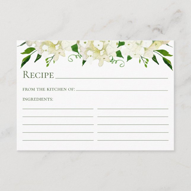 White Hydrangea Floral Watercolor Recipe Card (Front)