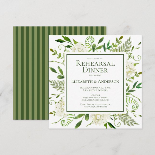 White Hydrangea Floral Watercolor Rehearsal Dinner Invitation (Front/Back)