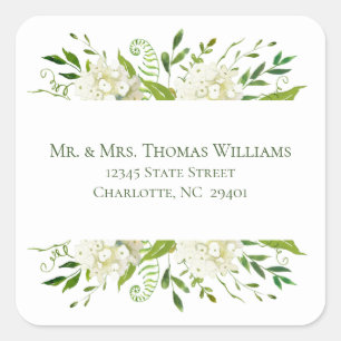 White Hydrangea Floral Wedding Address Square Sticker