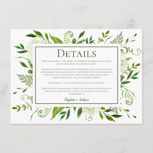 White Hydrangea Floral Wedding Details Enclosure Card (Front)