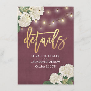 White hydrangea Floral Wedding Details Information Enclosure Card