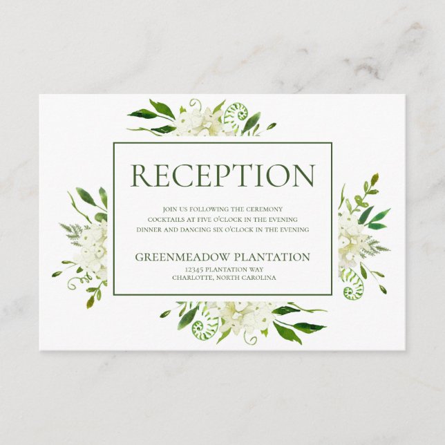 White Hydrangea Floral Wedding Reception Enclosure Card (Front)