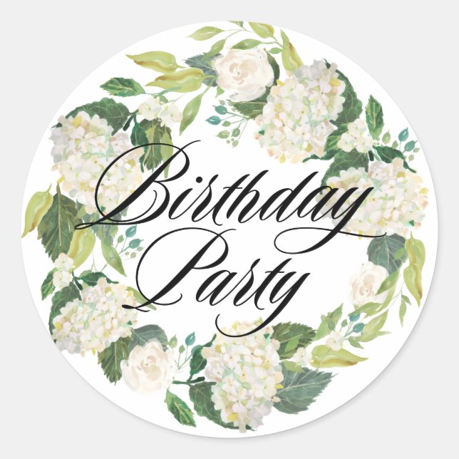 White Hydrangea Floral Wreath Birthday Party Classic Round Sticker (Front)