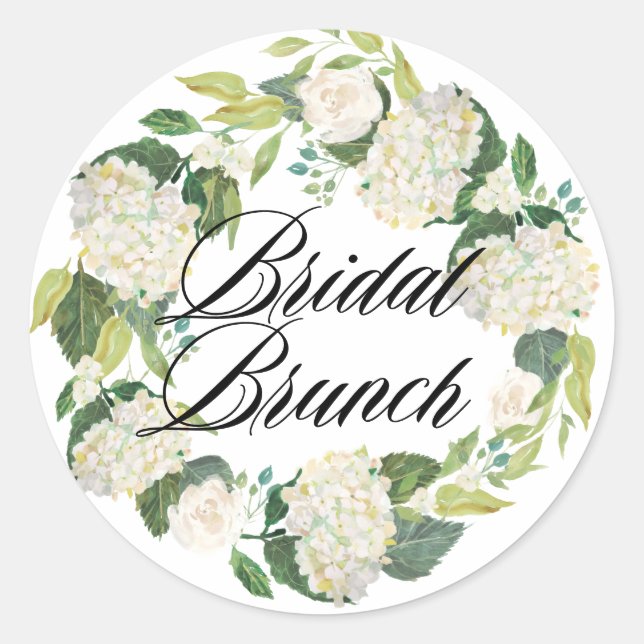 White Hydrangea Floral Wreath Bridal Brunch Classic Round Sticker (Front)