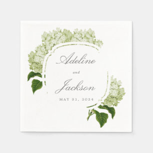 White Hydrangea Flower Names and Wedding Date Napkin
