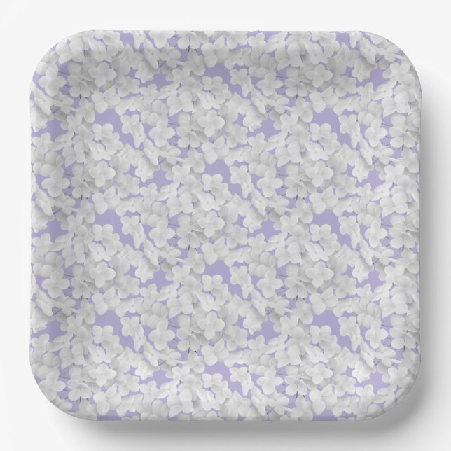 White Hydrangea Flower Petals On Purple Paper Plate (Front)