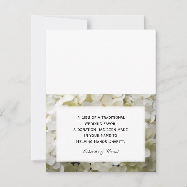 White Hydrangea Flower Wedding Charity Favour Card (Front)