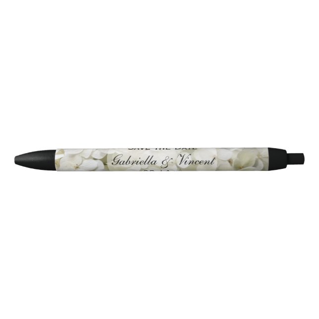 White Hydrangea Flower Wedding Save the Date Black Ink Pen (Front)