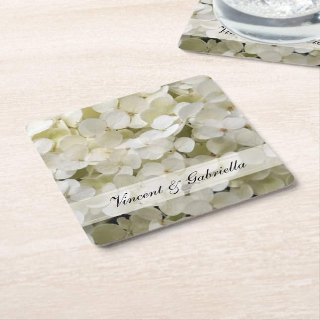 White Hydrangea Flower Wedding Square Paper Coaster (Angled)