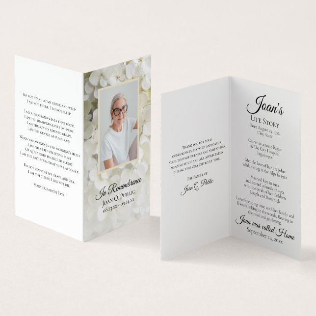 White Hydrangea Flowers Funeral Memorial Prayer Business Card (Inside and Outside)