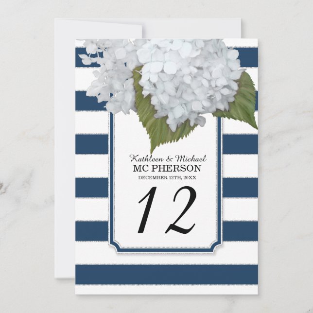White Hydrangea Flowers Navy Wide Stripes Invitation (Front)