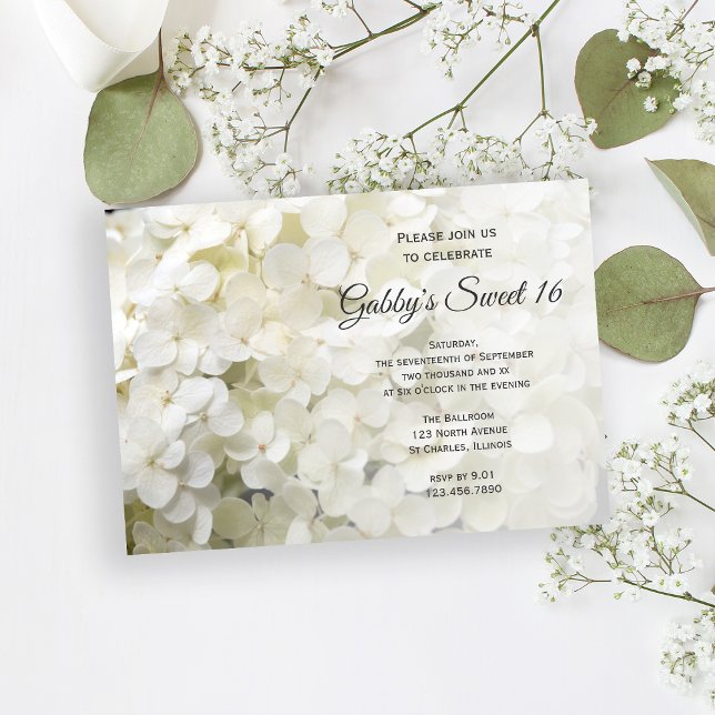 White Hydrangea Flowers Sweet 16 Birthday Party Invitation (Creator Uploaded)