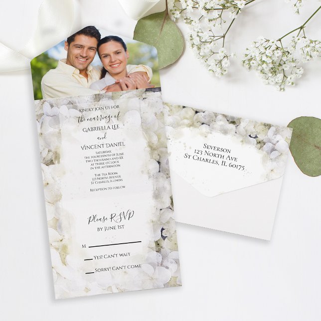 White Hydrangea Flowers Watercolor Wedding  All In One Invitation (Creator Uploaded)