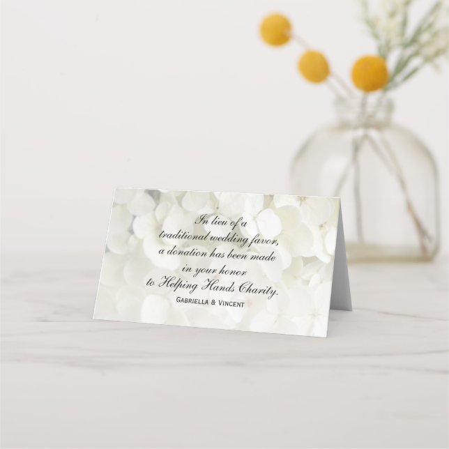 White Hydrangea Flowers Wedding Charity Favours Place Card (Front)
