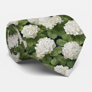 White Hydrangea Flowers with Green Leaves Pattern Tie