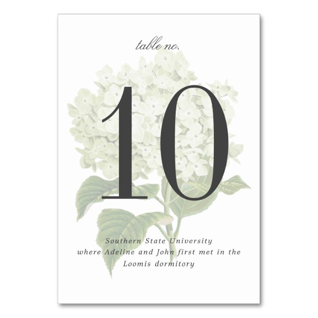 White Hydrangea Garden Wedding Table Number (Front)