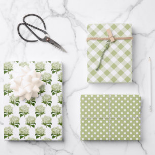 White Hydrangea Gingham and Polka Dot Pattern Wrapping Paper Sheet