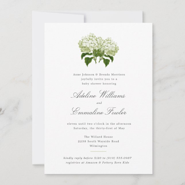 White Hydrangea Grand Millennial Joint Baby Shower Invitation (Front)