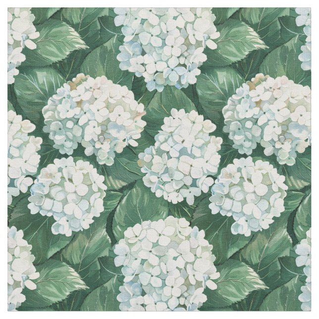 White Hydrangea Green Leaves Watercolor Pattern Fabric (Close Up)