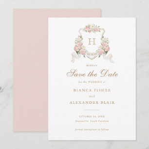 White Hydrangea Greenery Crest Save the Date Invitation