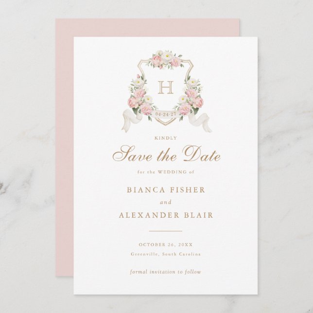 White Hydrangea Greenery Crest Save the Date Invitation (Front/Back)