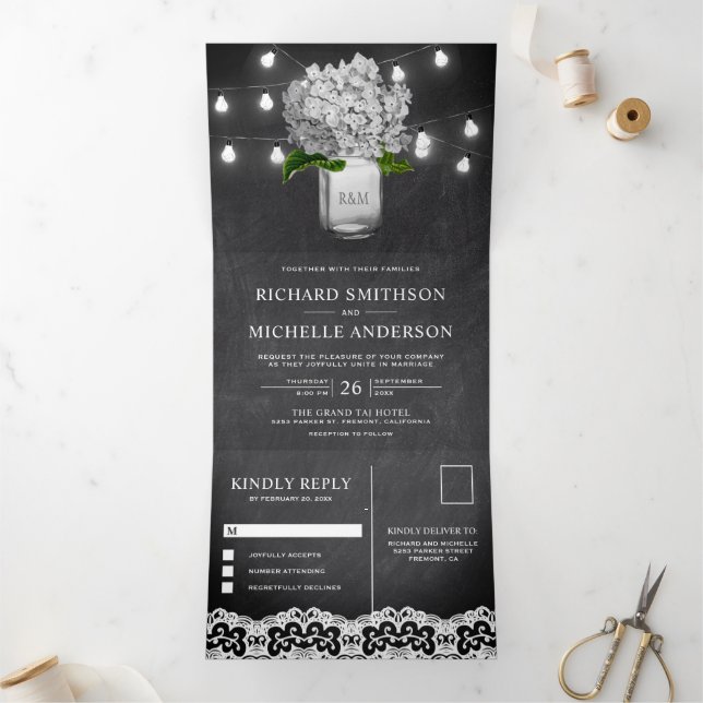 White Hydrangea Mason Jar String Lights Wedding Tri-Fold Invitation (Inside)