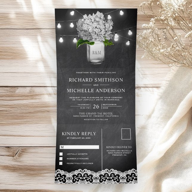 White Hydrangea Mason Jar String Lights Wedding Tri-Fold Invitation (Creator Uploaded)