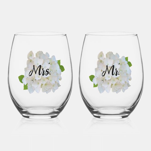 White Hydrangea Mr. and Mrs. Stemless Wine Glass (Front)