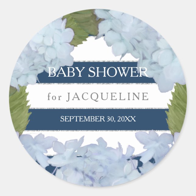 White Hydrangea Navy Blue Striped Baby Shower Classic Round Sticker (Front)