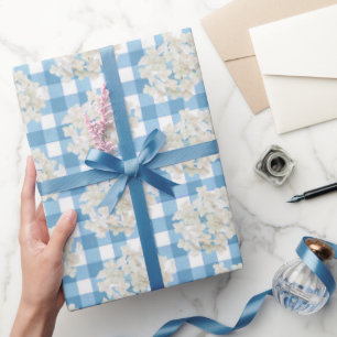 White Hydrangea On Blue Gingham Wrapping Paper