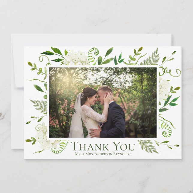 White Hydrangea Photo Flat Wedding Thank You Card (Front)