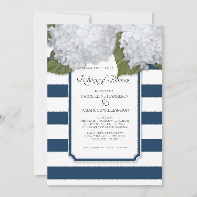 White Hydrangea Rehearsal Dinner Navy Striped Invitation (Front)