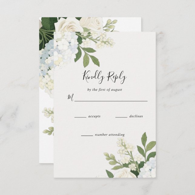 White Hydrangea Rose Elegant Wedding RSVP Card (Front/Back)