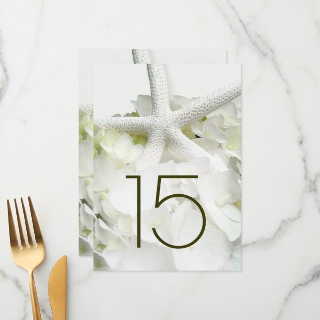 White Hydrangea Starfish Floral Table Number Cards (Front/Back In Situ)
