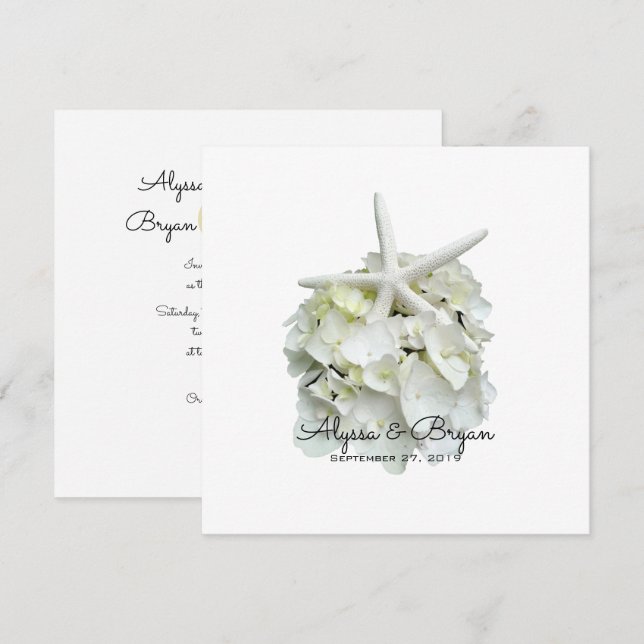 White Hydrangea Starfish Wedding Invitations (Front/Back)