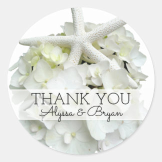 White Hydrangea Starfish Wedding Thank You Classic Round Sticker