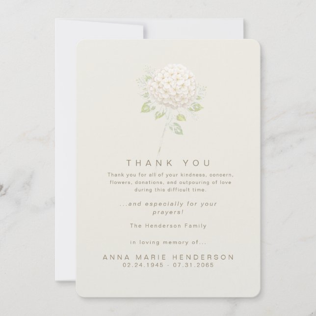 White Hydrangea Stem Bereavement Funeral Thank You Card (Front)