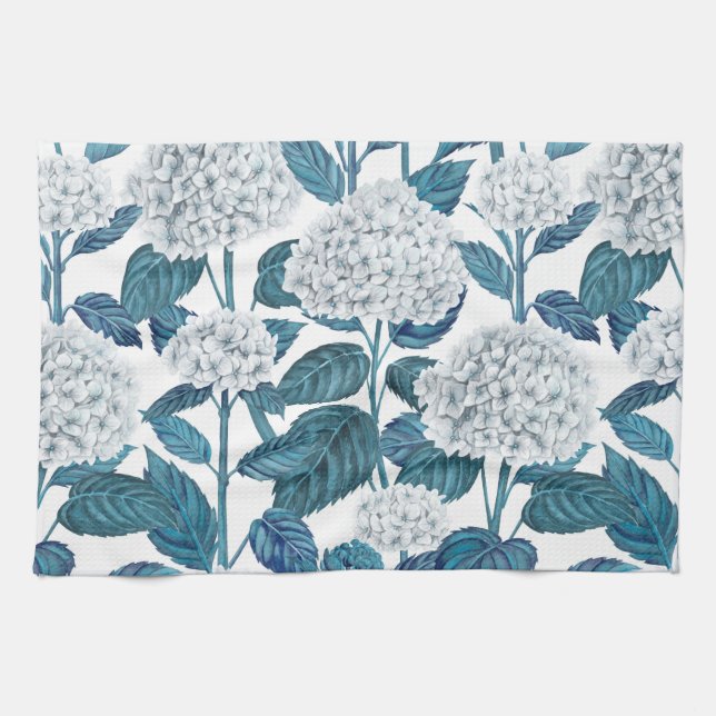 White hydrangea watercolor tea towel (Horizontal)
