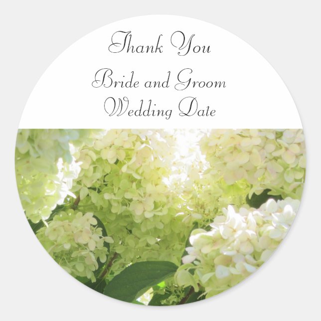 White Hydrangea Wedding Thank You Classic Round Sticker (Front)
