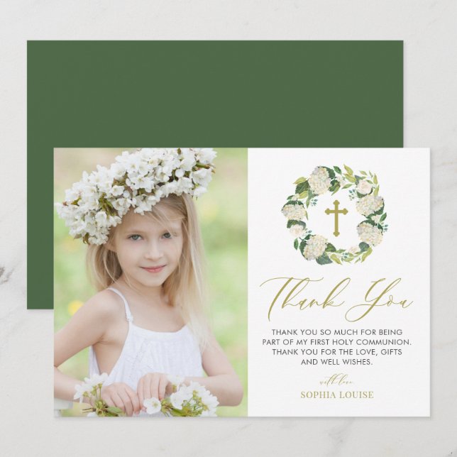 White Hydrangea Wreath Photo First Holy Communion Thank You Card (Front/Back)