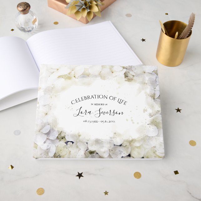 White Hydrangeas Celebration of Life Memorial Guest Book (Front Open)