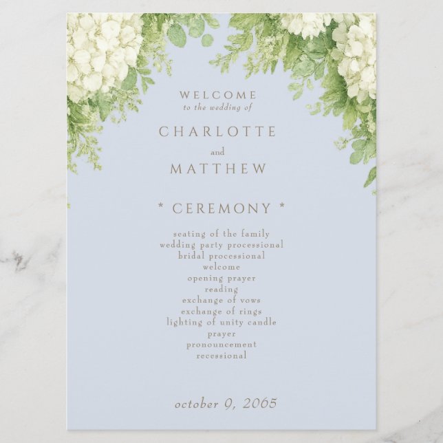 White Hydrangeas Dusty Blue Wedding Program II Programme (Front)