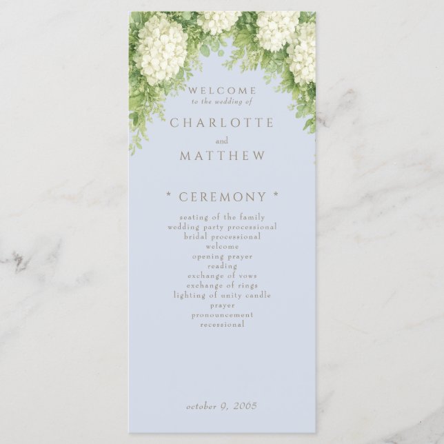 White Hydrangeas Dusty Blue Wedding Program Menu (Front)