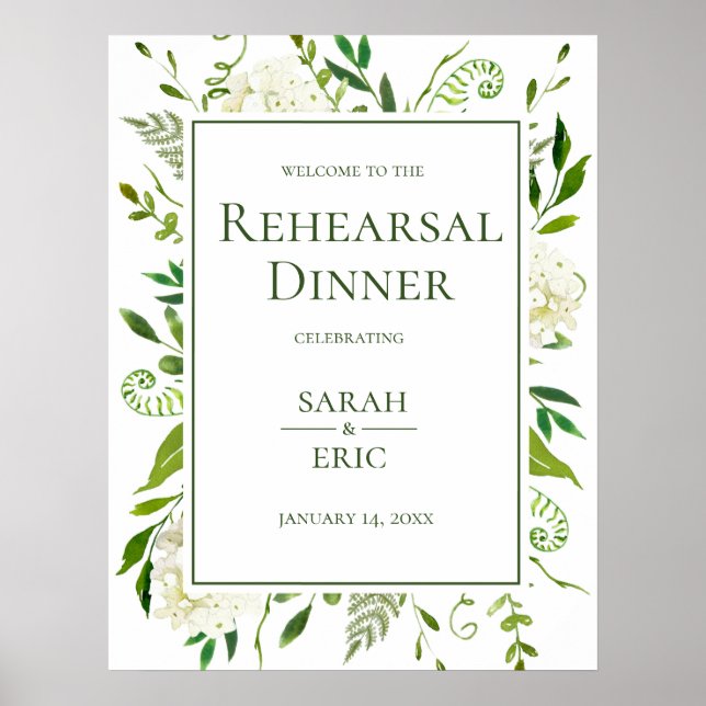 White Hydrangeas Floral Rehearsal Dinner Sign (Front)