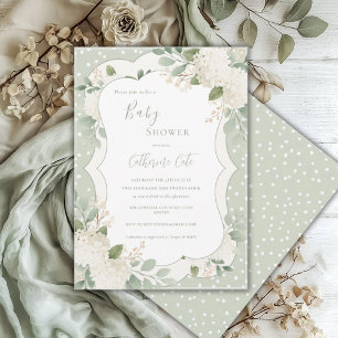 White Hydrangeas Floral Sage Green Baby Shower  Invitation