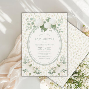 White Hydrangeas Floral Vintage Green Baby Shower Invitation