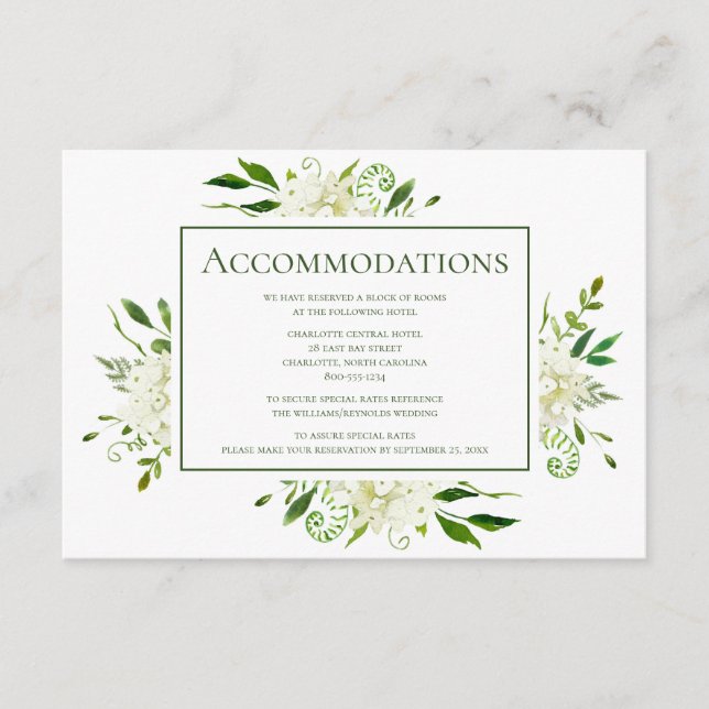 White Hydrangeas Floral Wedding Accommodations Enclosure Card (Front)